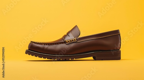 Brown leather loafer with yellow stitching on yellow background. photo