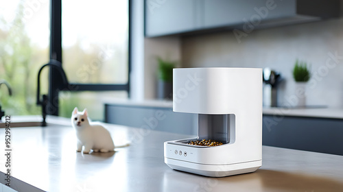Wallpaper Mural A smart pet feeder in a modern kitchen, automatically dispensing food for a cat or dog  Torontodigital.ca
