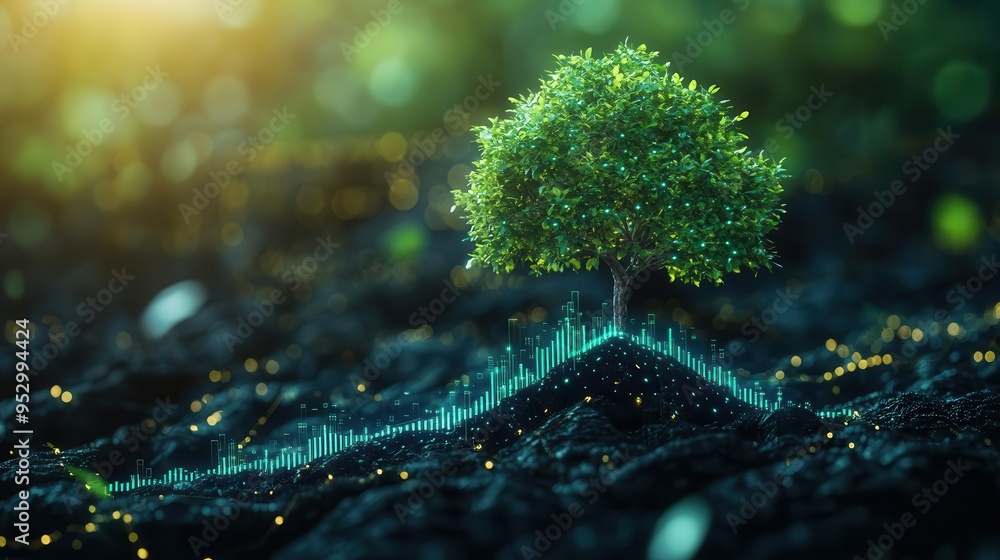 A financial graph growing into a tree, merging the ideas of sustainability and financial progress close up, eco-analytics, futuristic, blend mode, data visualization A financial graph growing into a tree, merging the ideas of sustainability and financial progress close up, eco-analytics, futuristic, blend mode, data visualization