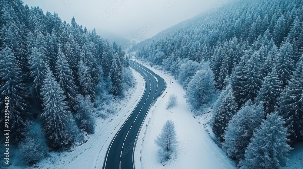 Snow-covered highways winding through snow-covered mountains, with frosty trees lining the way, creating a serene winter landscape, Serene, Cool Tones, Wide Angle Snow-covered highways winding through snow-covered mountains, with frosty trees lining the way, creating a serene winter landscape, Serene, Cool Tones, Wide Angle