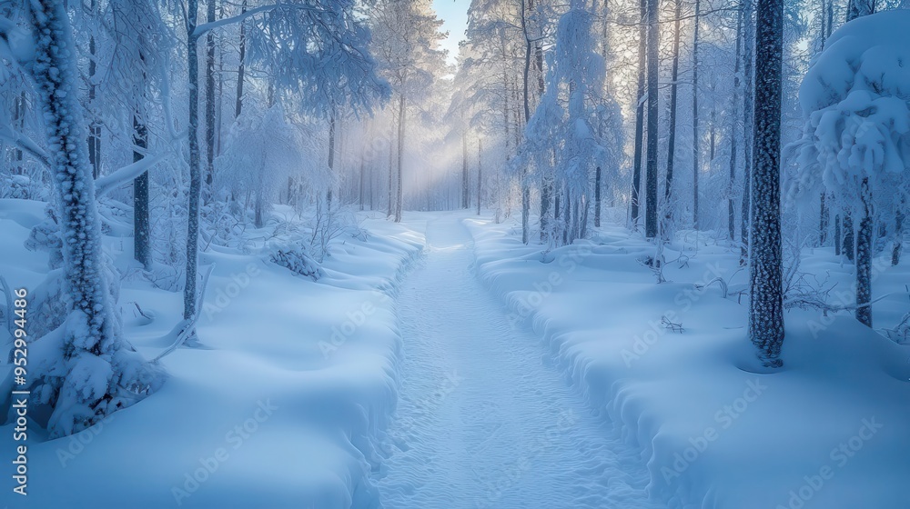 Snow-covered hiking trail winding through a snow-covered forest, with frosty trees lining the way, creating a serene winter landscape, Serene, Cool Tones, Wide Angle Snow-covered hiking trail winding through a snow-covered forest, with frosty trees lining the way, creating a serene winter landscape, Serene, Cool Tones, Wide Angle
