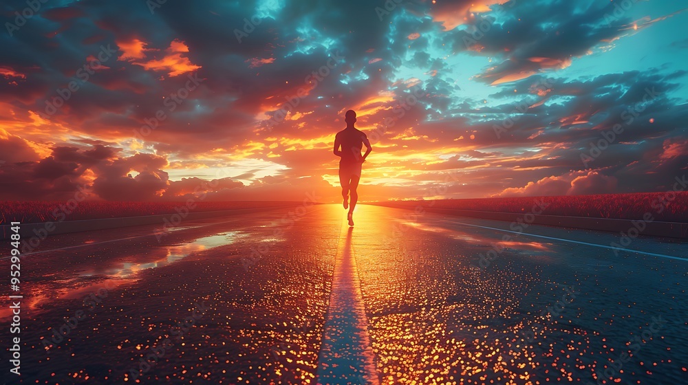 Silhouette of a runner on an empty road at sunset. Silhouette of a runner on an empty road at sunset.