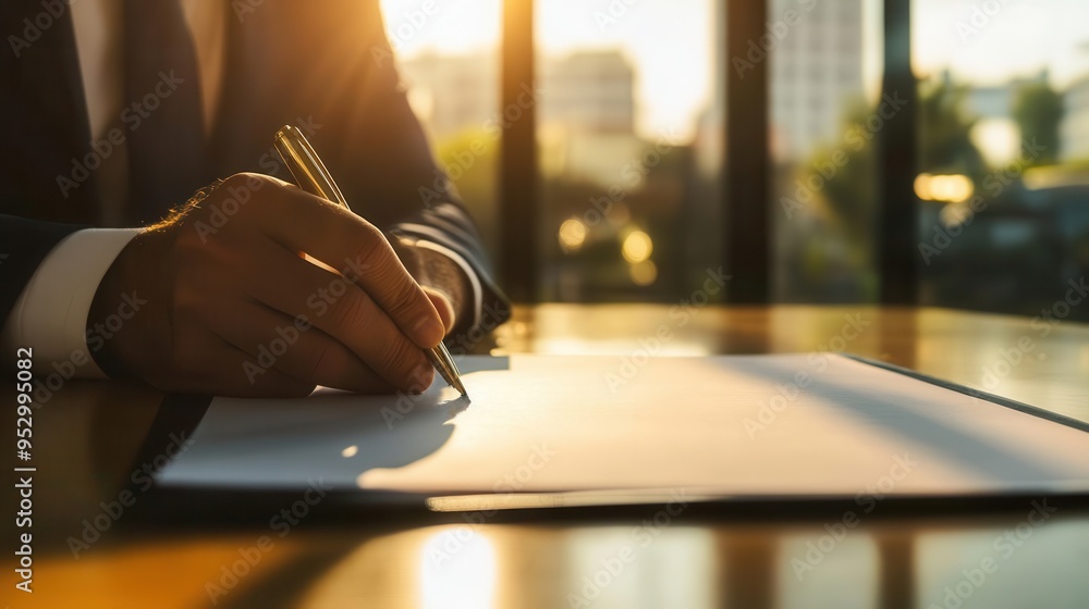 Business executive's hand finishing a signature, sunlight highlighting paper, blurred office silhouette Business executive's hand finishing a signature, sunlight highlighting paper, blurred office silhouette