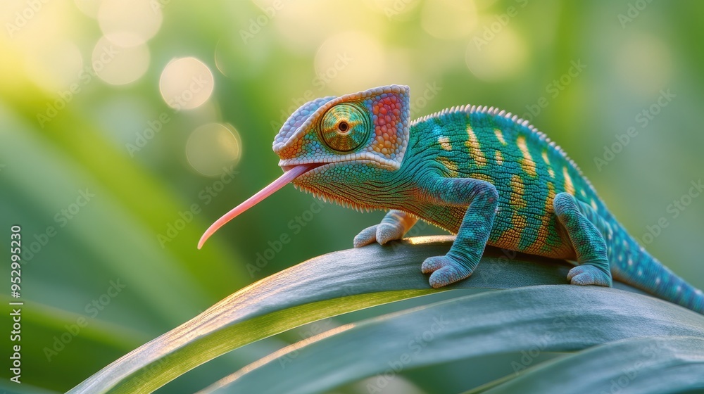 A vibrant chameleon perched on a leaf, showcasing its colorful skin and tongue. A vibrant chameleon perched on a leaf, showcasing its colorful skin and tongue.