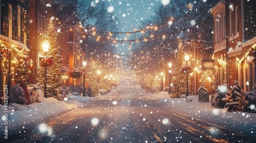 Snow-covered urban streets with twinkling lights, holiday decorations, and snow falling softly, creating a festive winter scene, Festive, Warm Glow, Wide Angle