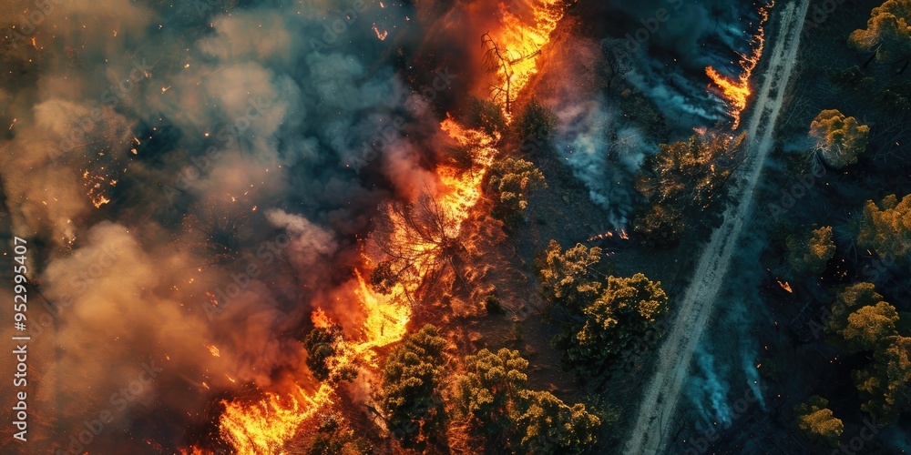 Aerial view of forest fire near path in trees and shrubs digitally enhanced