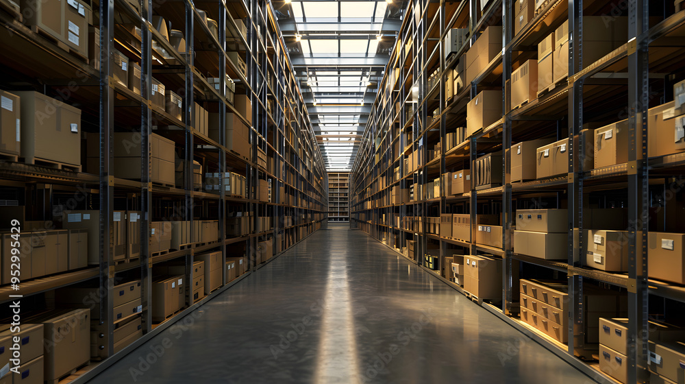 Storage Facility with Metal Shelving Units and Cardboard Boxes. Storage Facility with Metal Shelving Units and Cardboard Boxes.