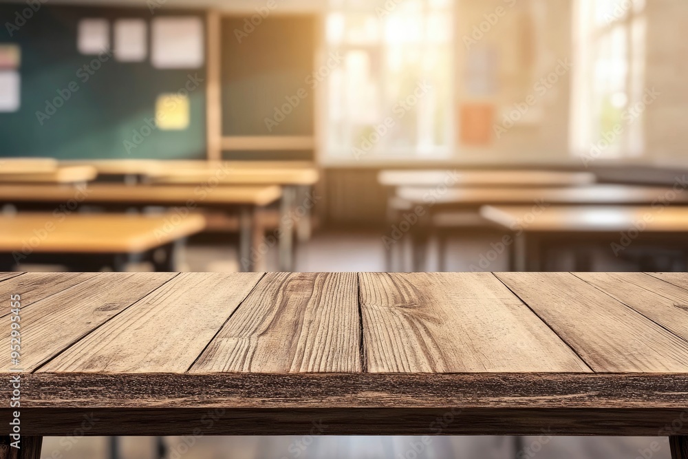 Wooden top with blurred empty classroom background can be used for mocking up or display product to make advertising , ai Wooden top with blurred empty classroom background can be used for mocking up or display product to make advertising , ai