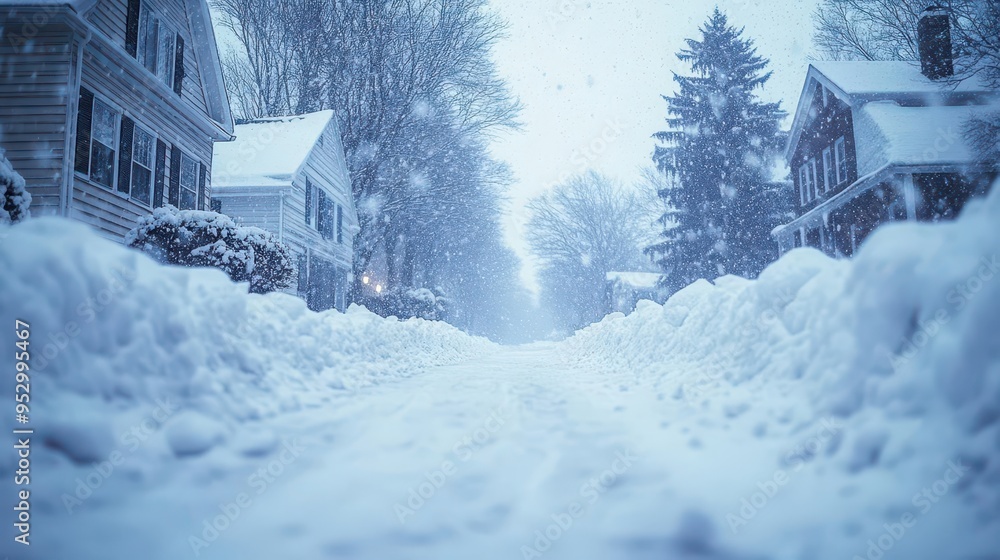 Snowdrifts piling up against houses and trees, with snow falling softly and creating a peaceful winter scene, Serene, Cool Tones, Wide Angle Snowdrifts piling up against houses and trees, with snow falling softly and creating a peaceful winter scene, Serene, Cool Tones, Wide Angle