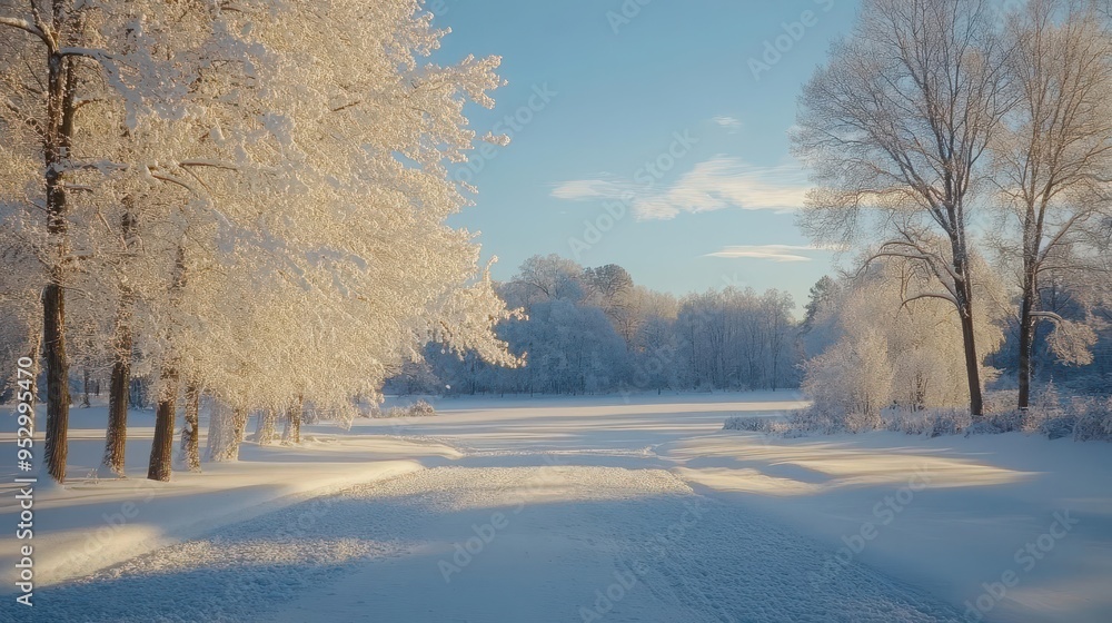 Snow-dusted landscape with frosty trees, snow-covered ground, and a clear winter sky, creating a serene winter scene, Serene, Cool Tones, Wide Angle Snow-dusted landscape with frosty trees, snow-covered ground, and a clear winter sky, creating a serene winter scene, Serene, Cool Tones, Wide Angle