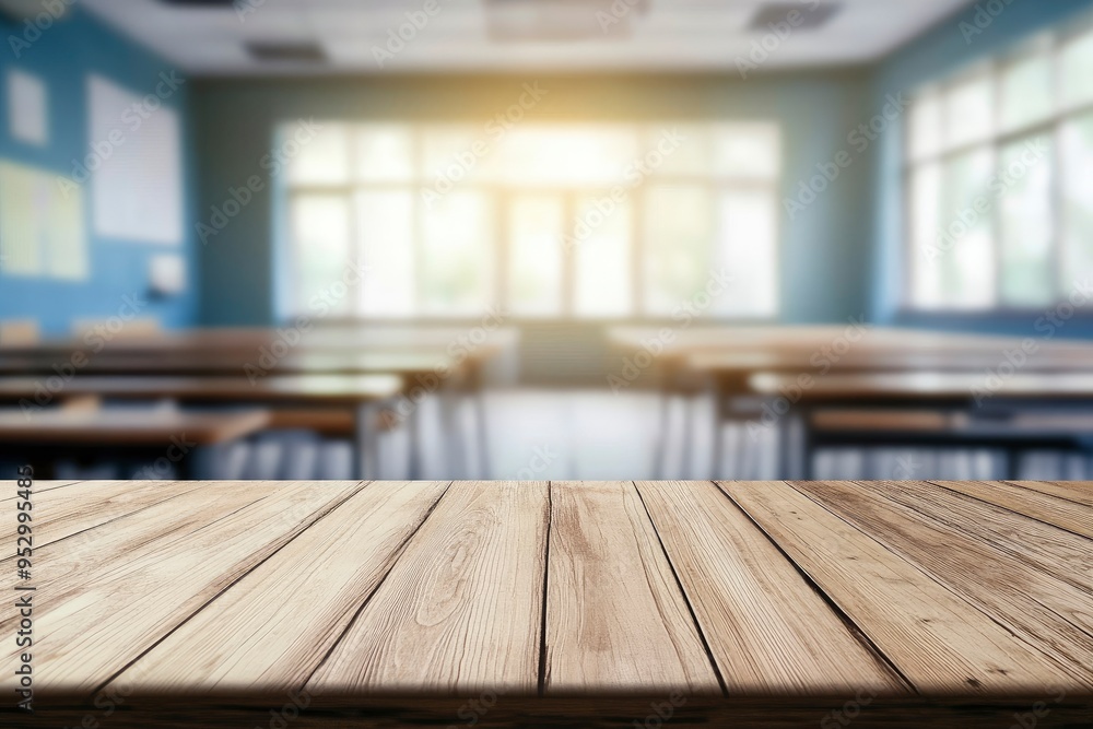 Wooden top with blurred empty classroom background can be used for mocking up or display product to make advertising , ai Wooden top with blurred empty classroom background can be used for mocking up or display product to make advertising , ai