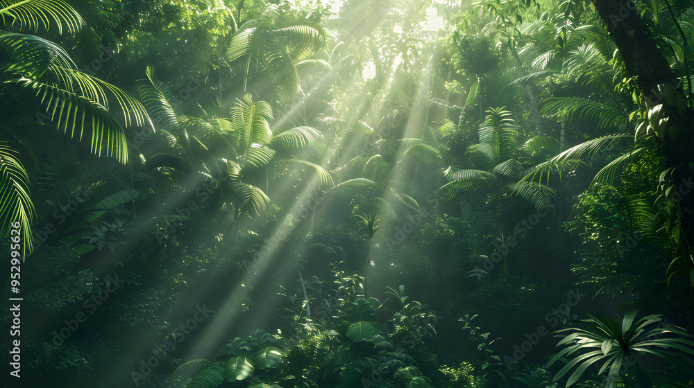Obraz premium Deep Tropical Jungles with Sunlight Filtering Through Canopy.