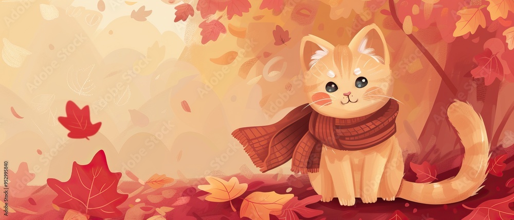 Cute Orange Cat Wearing a Scarf in Autumn Leaves Cute Orange Cat Wearing a Scarf in Autumn Leaves