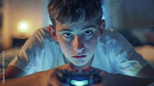 A focused boy playing video games in low light, showcasing concentration and engagement.