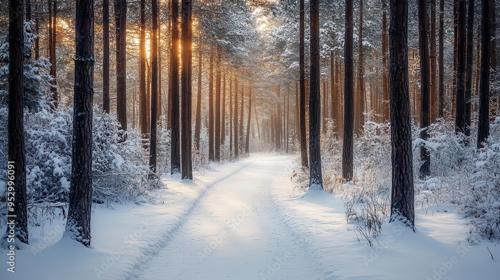 Snowy woods with tall trees and a quiet path winding through, creating a serene winter wonderland, Serene, Cool Tones, Wide Angle Snowy woods with tall trees and a quiet path winding through, creating a serene winter wonderland, Serene, Cool Tones, Wide Angle