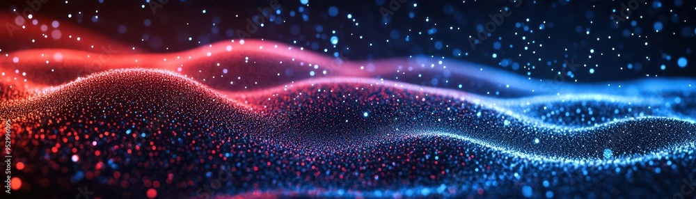 Fototapeta premium Digital holographic particles in red and blue, technology tone, Analogous Color Scheme, advanced tech visuals, front view, seamless transition of particles in digital art