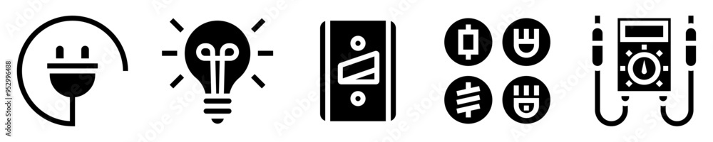 Set of electrical circuit icons. Energy and electricity. plug with cable, lit bulb, switch, components, voltmeter. Solid icons. Vector illustration Set of electrical circuit icons. Energy and electricity. plug with cable, lit bulb, switch, components, voltmeter. Solid icons. Vector illustration