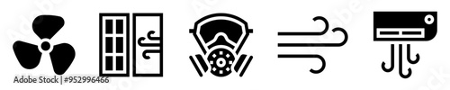 Ventilation icons set. Fan, open window, breathing mask, wind, air conditioning. Solid icons. Vector illustration