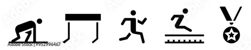 Athletics icons set. Sport. runner in position, hurdle, person running, long jump, medal. Solid icons. Vector illustration