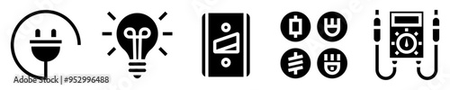 Set of electrical circuit icons. Energy and electricity. plug with cable, lit bulb, switch, components, voltmeter. Solid icons. Vector illustration