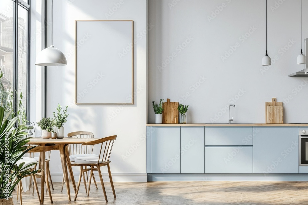 Fototapeta premium Poster Mockup in Kitchen Interior with White Wall created with Generative AI