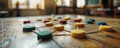 Strategic Planning and Risk Mitigation Concept with Colorful Game Pieces on a Wooden Table