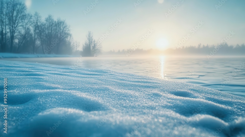 Winter light streaming over a frozen lake, with soft light illuminating the snow-covered landscape, creating a serene winter scene, Serene, Cool Tones, Wide Angle Winter light streaming over a frozen lake, with soft light illuminating the snow-covered landscape, creating a serene winter scene, Serene, Cool Tones, Wide Angle