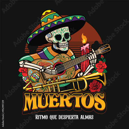 Day of the Dead Mexican Calavera sombrero Skulls Holiday vector hand drawn cartoon illustration for sticker, badge, patch, banner, greeting card, invitation