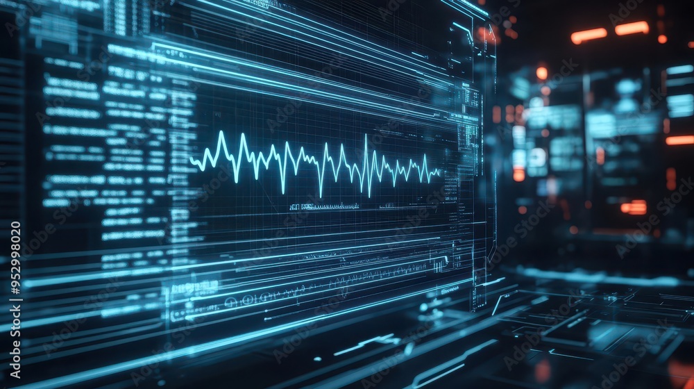 Pulsating heartbeat lines, futuristic medical display, holographic interface, dark sci-fi setting Pulsating heartbeat lines, futuristic medical display, holographic interface, dark sci-fi setting