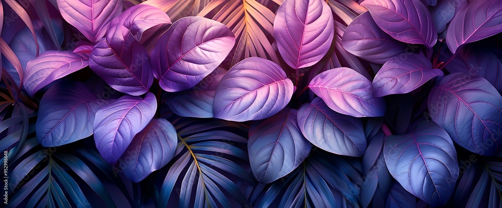 Purple and blue tropical leaves background. Purple and blue tropical leaves background.