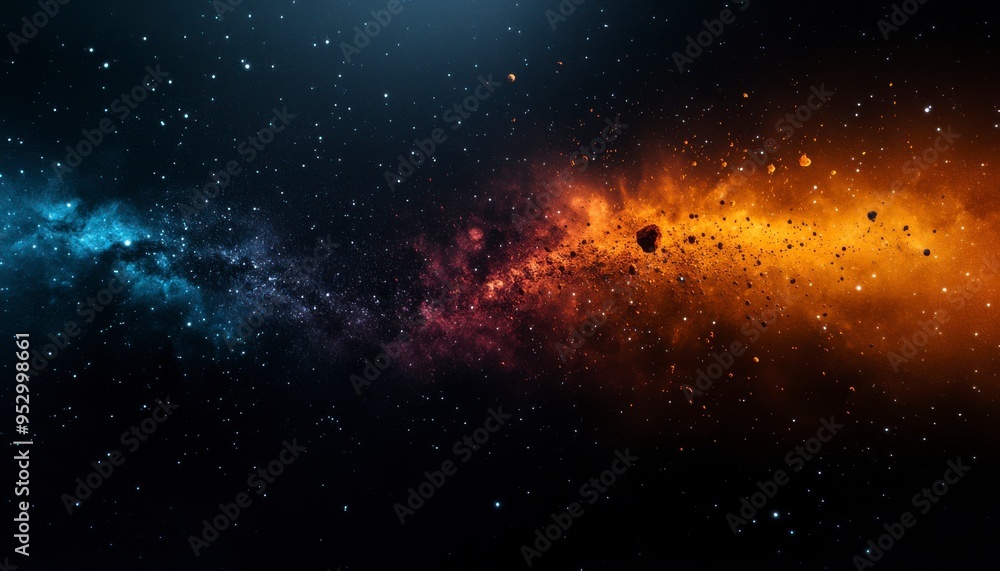 Naklejka premium A stunning cosmic scene showcasing vibrant dust clouds and starry elements, ideal for science fiction and space themes.