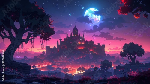 Enchanted Castle at Night with Full Moon and Glowing Landscape in Fantasy Setting