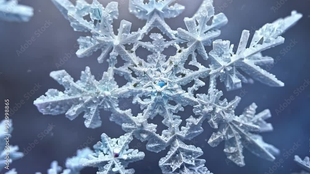 Beautiful snowflakes are forming an ice crystal structure. The amazing six pointed frozen crystals are growing on a blue background Beautiful snowflakes are forming an ice crystal structure. The amazing six pointed frozen crystals are growing on a blue background