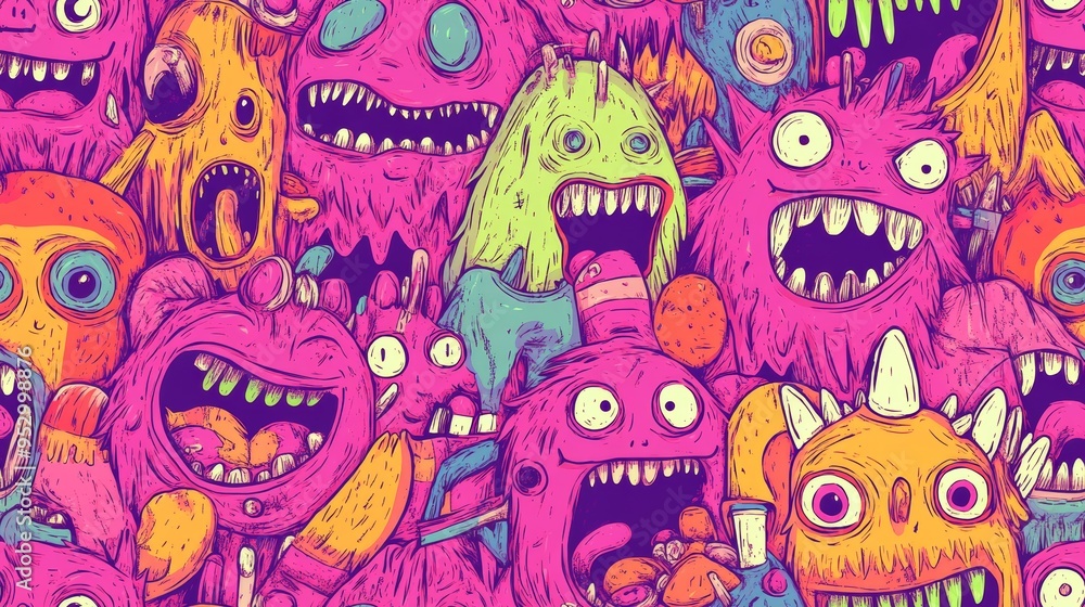 Vibrant Monster Doodles Seamless Pattern - Colorful Cartoon Creatures, Fun and Whimsical Design for Kids and Halloween Themes Vibrant Monster Doodles Seamless Pattern - Colorful Cartoon Creatures, Fun and Whimsical Design for Kids and Halloween Themes