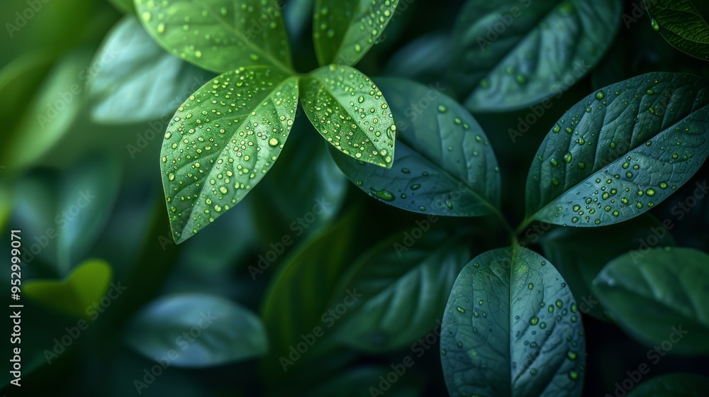Seamless Integration of Technology and Nature: Lush Green Leaves with Dew Drops and Subtle Digital Enhancements Seamless Integration of Technology and Nature: Lush Green Leaves with Dew Drops and Subtle Digital Enhancements
