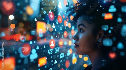 A woman gazes thoughtfully as digital icons and social media symbols surround her, symbolizing connectivity.