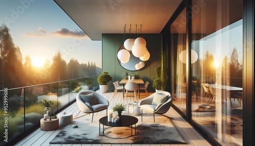 interior of a hotel, modern terrace near a large mirror on a green wall, a large lamp hangs from the ceiling. Scandinavian modern living room interior design. sunset, create whit A.I photo