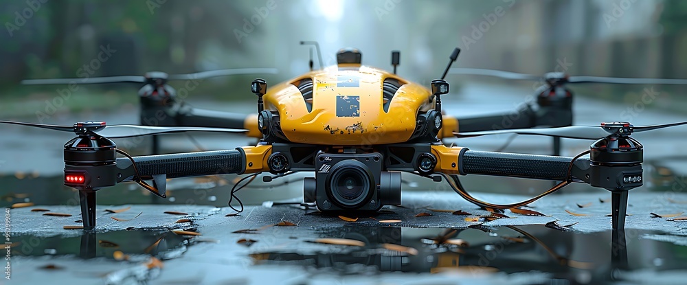 Yellow drone with black propellers and camera lens on wet asphalt. Yellow drone with black propellers and camera lens on wet asphalt.