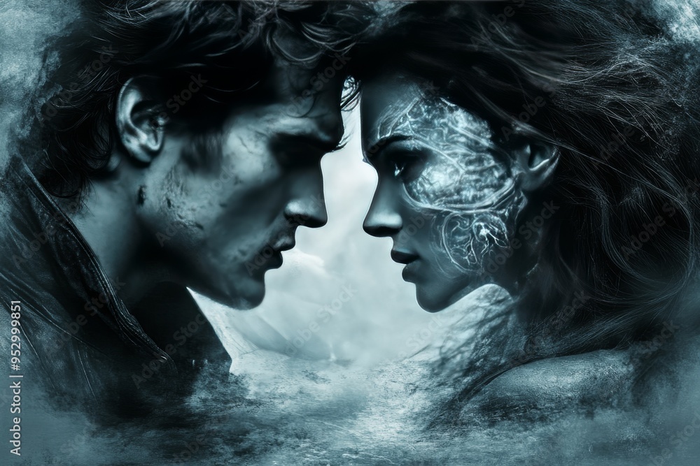 Intense emotional connection between a man and woman with ethereal brains emphasizing the deep bond of shared thoughts in a cosmic surreal environment Intense emotional connection between a man and woman with ethereal brains emphasizing the deep bond of shared thoughts in a cosmic surreal environment