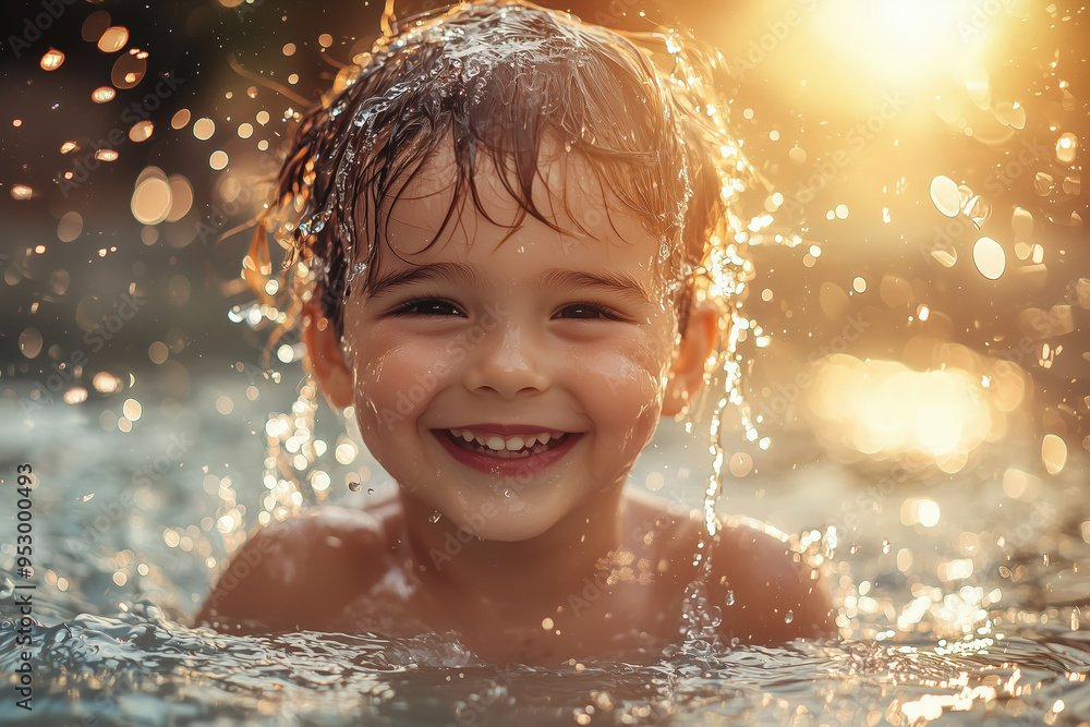 Obraz premium Liquid Laughter: Youthful Bliss Captured, Generative AI