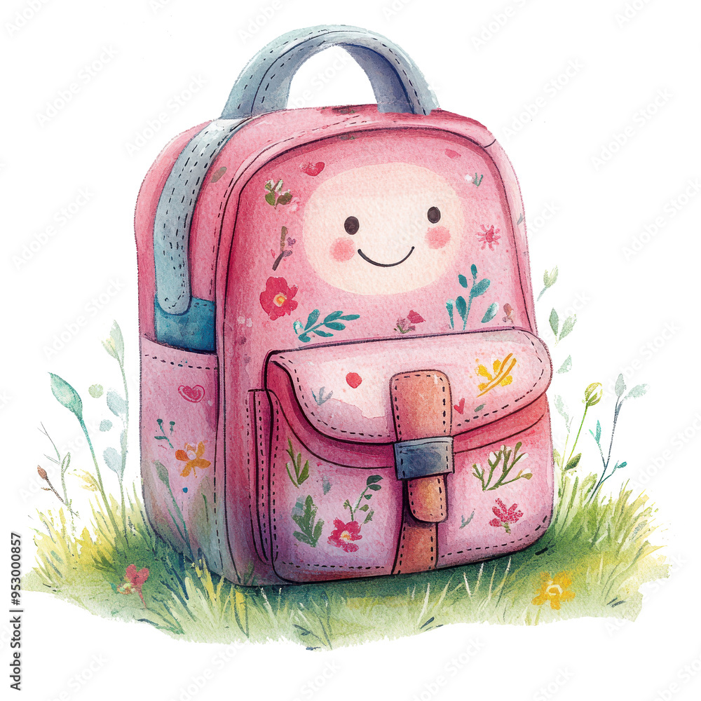 A cartoonish pink backpack with a smiling face on it. The backpack is sitting on a field of grass A cartoonish pink backpack with a smiling face on it. The backpack is sitting on a field of grass