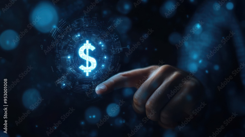 Close up of male hand pointing at creative glowing dollar hologram on dark backround. Futuristic hi-tech digital money and electronic economy of the future concept Close up of male hand pointing at creative glowing dollar hologram on dark backround. Futuristic hi-tech digital money and electronic economy of the future concept