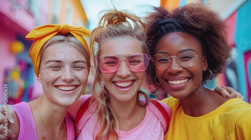 Joyful Friends Celebrating Friendship Day with Smiles and Colorful Backgrounds in Urban Setting photo