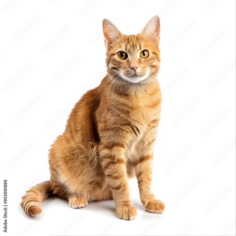 Beautiful ginger tabby cat with bright yellow eyes sitting on a white background Beautiful ginger tabby cat with bright yellow eyes sitting on a white background