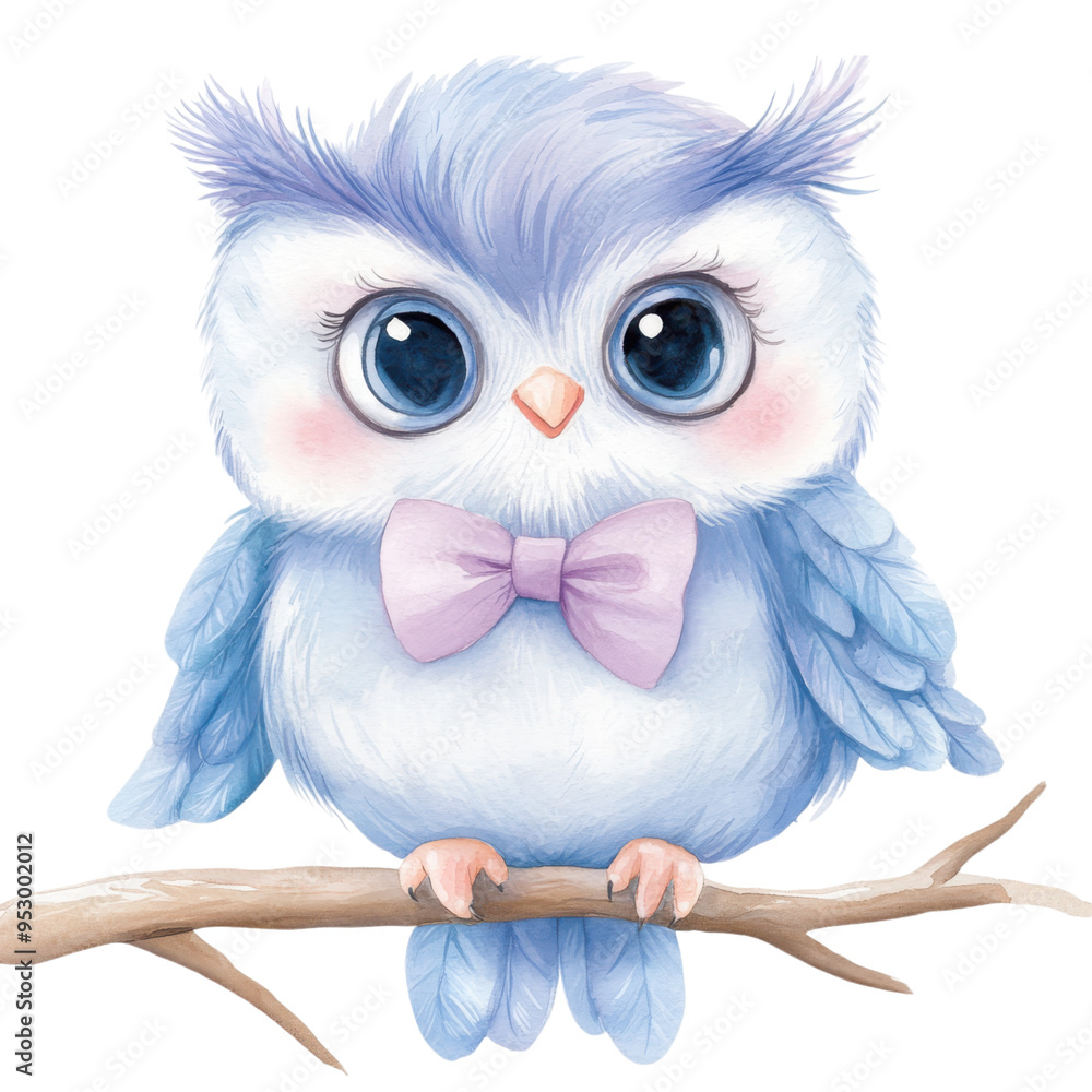 Obraz premium A cute blue owl with a purple bow tie is perched on a branch. The owl's eyes are bright and curious, and the bow tie adds a playful touch to the scene