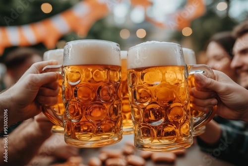 A group of friends toasting with beer mugs at an outdoor party, raising their beer mugs in a toast at an Oktoberfest celebration with German-themed decorations in the background photo