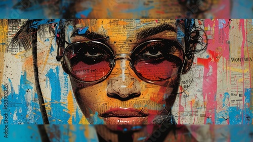 Vibrant Urban Collage Art with Abstract Graffiti and Portrait of Woman in Sunglasses