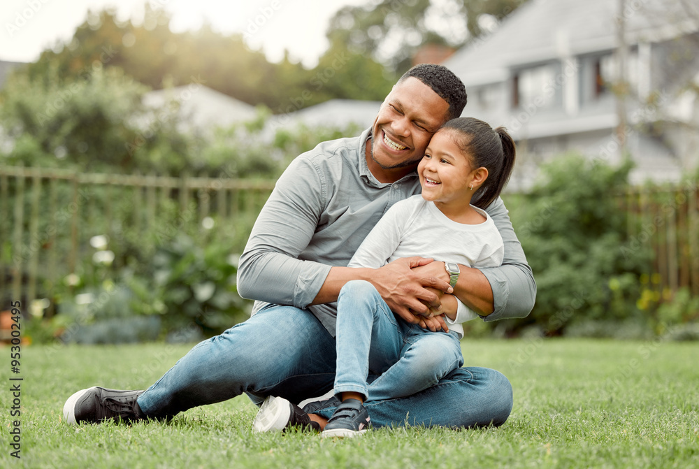 Smile, father and hug child on grass for love, care or family laughing together to relax. Dad, kid and embrace girl at backyard outdoor for connection, support and single parent celebrate custody win Smile, father and hug child on grass for love, care or family laughing together to relax. Dad, kid and embrace girl at backyard outdoor for connection, support and single parent celebrate custody win