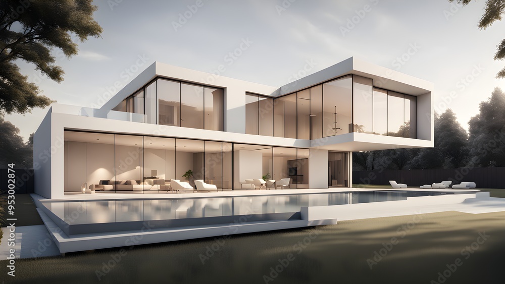 A large white house with a pool and a large glass window A large white house with a pool and a large glass window