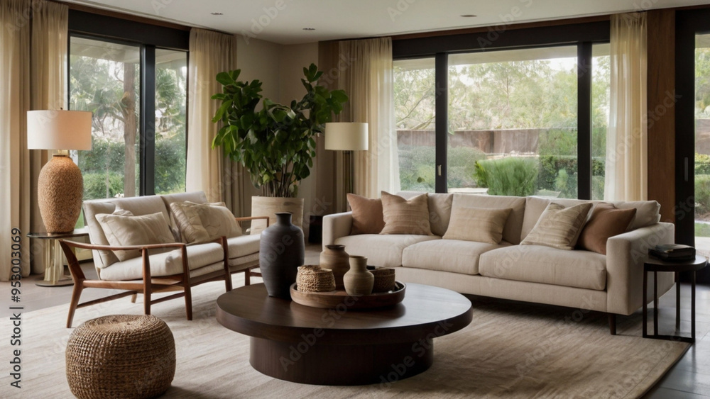 A living room with a large couch, a coffee table, and a vase with flowers A living room with a large couch, a coffee table, and a vase with flowers
